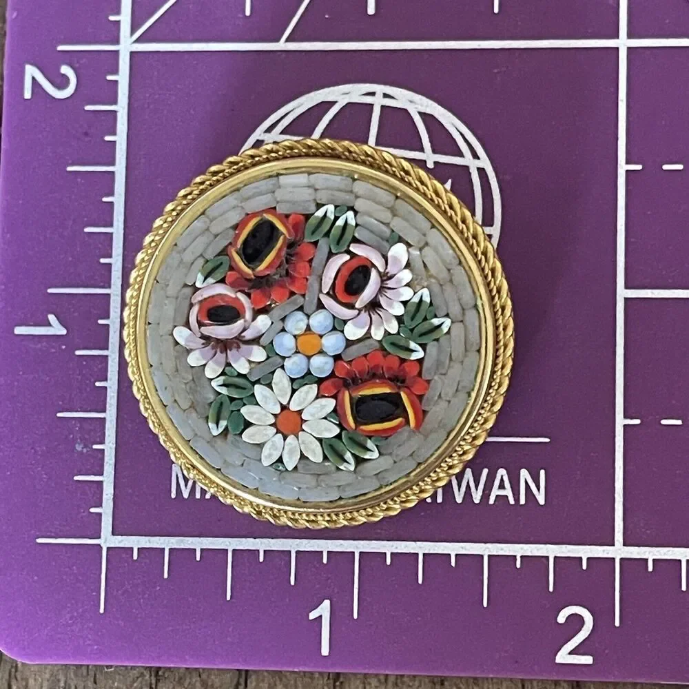 Beautiful Italian Micro Mosaic Brooch Pin Red White Flowers Gold Tone Bezel Set